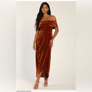 LULU’S I'm Enchanted Rust Orange Velvet Off-the-Shoulder Maxi Dress
